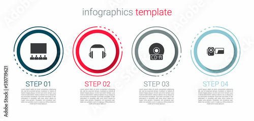 Set Cinema auditorium with screen, Headphones, CD DVD disk and camera. Business infographic template. Vector