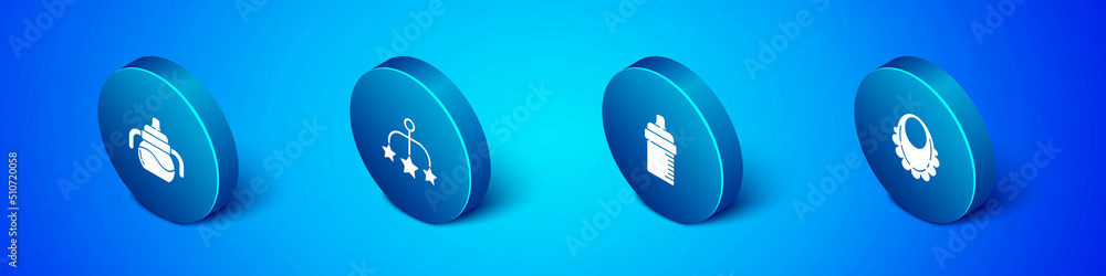 Set Isometric Baby bottle, , bib and crib hanging toys icon. Vector Set Isometric Baby bottle, , bib and crib hanging toys icon. Vector