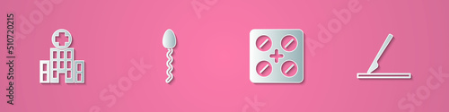 Set paper cut Medical hospital building, Sperm, Pills blister pack and surgery scalpel icon. Paper art style. Vector