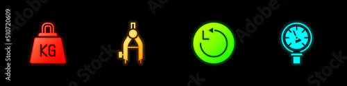 Set Weight, Drawing compass, Radius and Pressure water meter icon. Vector