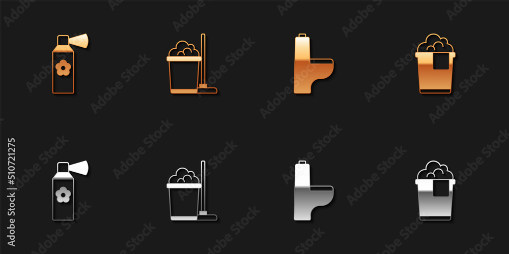 Set Air freshener spray bottle, Mop and bucket, Toilet bowl and Bucket with foam icon. Vector Set Air freshener spray bottle, Mop and bucket, Toilet bowl and Bucket with foam icon. Vector