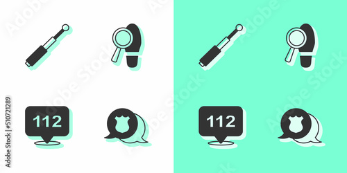 Set Police badge, Telescopic baton, Telephone call 112 and Footsteps icon. Vector