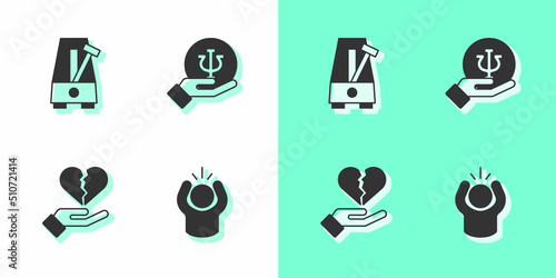 Set Anger, Metronome with pendulum, Broken heart or divorce and Psychology, Psi icon. Vector