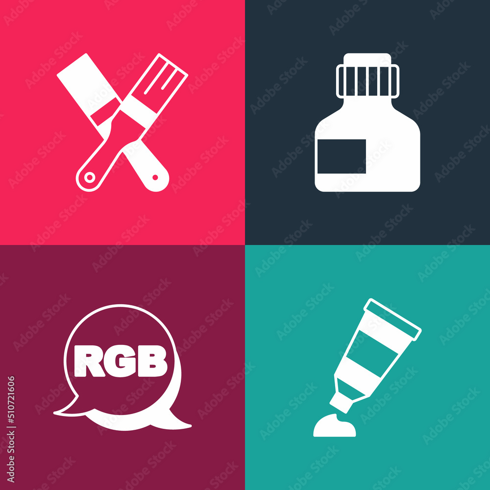 Set pop art Tube with paint palette, RGB, Paint, gouache, jar, dye and brush icon. Vector Set pop art Tube with paint palette, RGB, Paint, gouache, jar, dye and brush icon. Vector