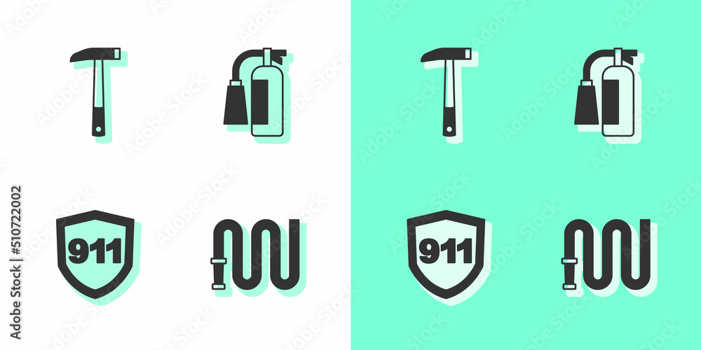 Set Fire hose reel, Firefighter axe, Emergency call 911 and extinguisher icon. Vector Set Fire hose reel, Firefighter axe, Emergency call 911 and extinguisher icon. Vector