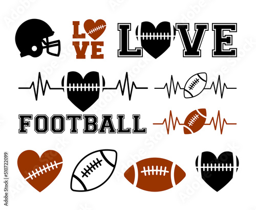 American football ball player helmet rugby logo emblem stadium silhouette soccer sports love heart vector