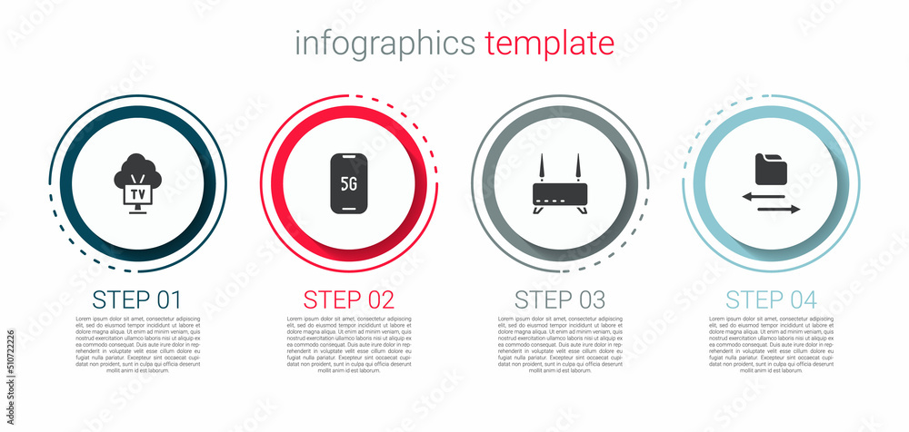 Set Smart Tv, Mobile with 5G, Router and wi-fi signal and Transfer files. Business infographic template. Vector Set Smart Tv, Mobile with 5G, Router and wi-fi signal and Transfer files. Business infographic template. Vector