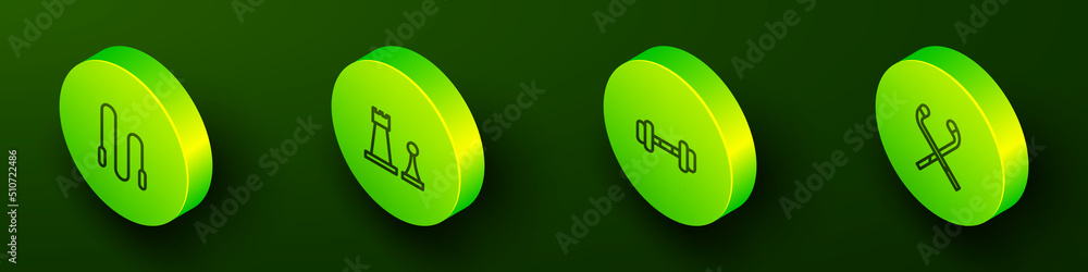 Set Isometric line Jump rope, Chess, Dumbbell and Ice hockey sticks icon. Vector