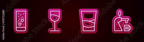 Set line Effervescent tablets in water, Wine glass, Glass of vodka and Beer tap with. Glowing neon icon. Vector