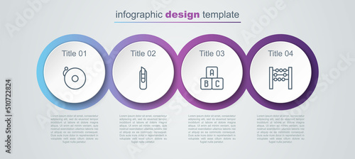 Set line Ringing alarm bell, Stationery knife, ABC blocks and Abacus. Business infographic template. Vector