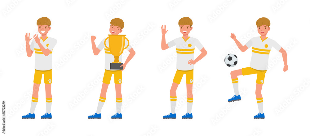 Set of Soccer and football player man character vector design. Presentation in various action with emotions, running, standing and walking.