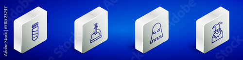 Set Isometric line Quiver with arrows, Sword in the stone, Executioner mask and Joker head icon. Vector