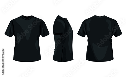 Stylish black t-shirts on white background, view from different angles