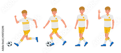 Set of Soccer and football player man character vector design. Presentation in various action with emotions, running, standing and walking.