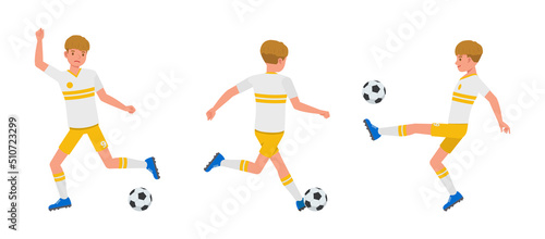 Set of Soccer and football player man character vector design. Presentation in various action with emotions, running, standing and walking.