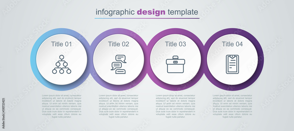Set line Hierarchy organogram chart, Speech bubble chat, Briefcase and Clipboard with checklist. Business infographic template. Vector Set line Hierarchy organogram chart, Speech bubble chat, Briefcase and Clipboard with checklist. Business infographic template. Vector