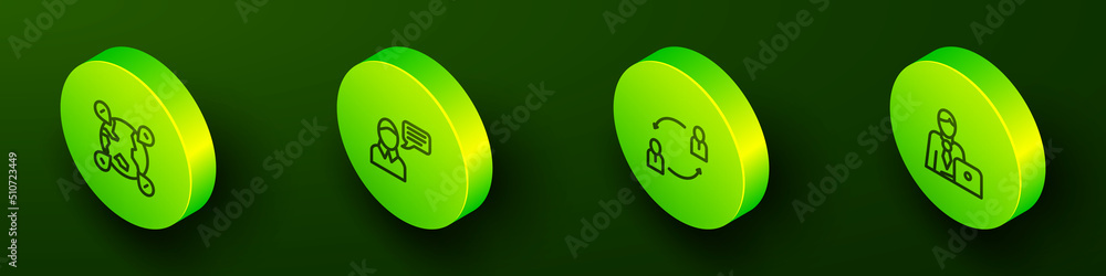 Set Isometric line Location on the globe, Speech bubble chat, Human resources and Businessman icon. Vector Set Isometric line Location on the globe, Speech bubble chat, Human resources and Businessman icon. Vector