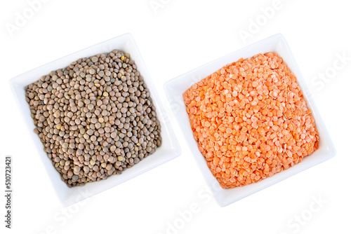 Lentils red and brown in bowls