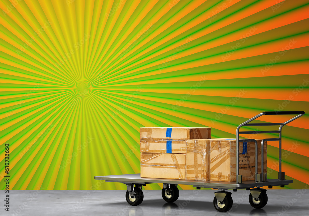 Trolley with boxes. Warehouse trolley on colorful background. Cardboard boxes are wrapped with tape. Cargo trolley on concrete floor. Concept transporting boxes for storage or delivery. 3d rendering.