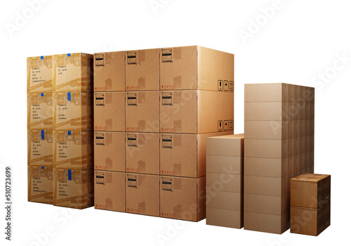Carton boxes. Boxes of different types and sizes. Parcel storage concept. Boxes with traces of adhesive tape and courier stickers. Parcel warehouse isolated on white. 3d rendering. © Grispb