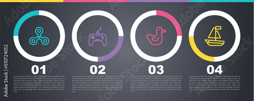 Set line Fidget spinner, Gamepad, Rubber duck and Toy boat. Business infographic template. Vector