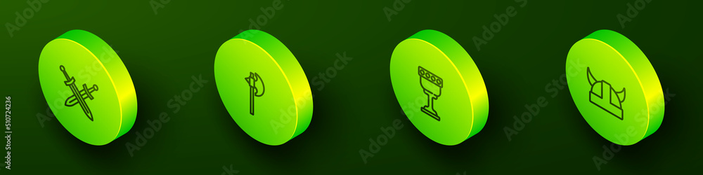 Set Isometric line Crossed medieval sword, Medieval axe, goblet and Viking in horned helmet icon. Vector Set Isometric line Crossed medieval sword, Medieval axe, goblet and Viking in horned helmet icon. Vector