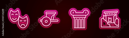 Set line Comedy and tragedy masks, Ancient chariot, column and ruins. Glowing neon icon. Vector