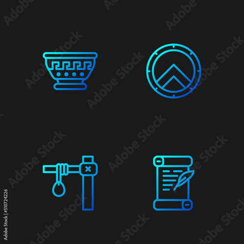 Set line Decree, parchment, scroll, Gallows, Greek ancient bowl and shield. Gradient color icons. Vector