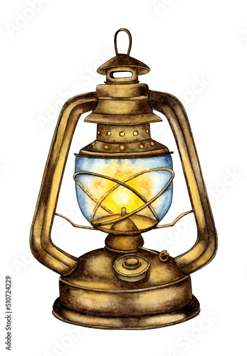 Watercolor illustration kerosene vintage lamp with flame. Cozy glass lantern element for autumn decor, scrapbook, postcards. Isolated on white background. Drawn by hand.