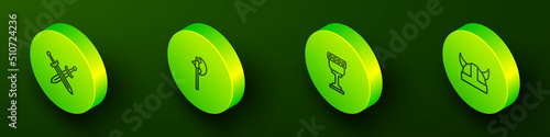 Set Isometric line Crossed medieval sword, Medieval axe, goblet and Viking in horned helmet icon. Vector
