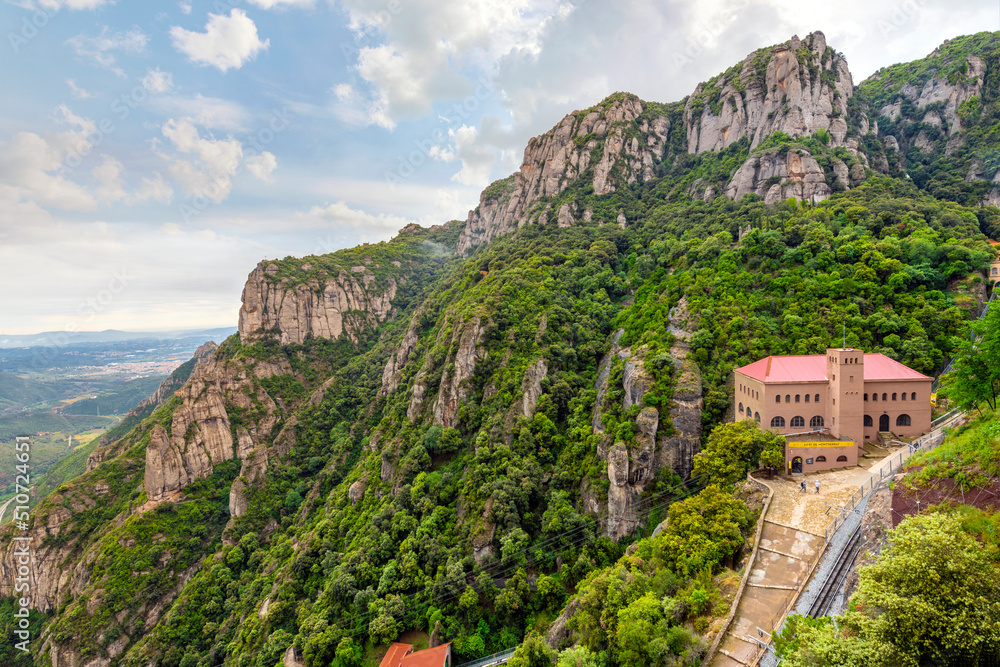 View of the aerial tramway cable car to Montserrat Abbey and Monastery in the Montserrat mountain range near Barcelona in Southern Spain.