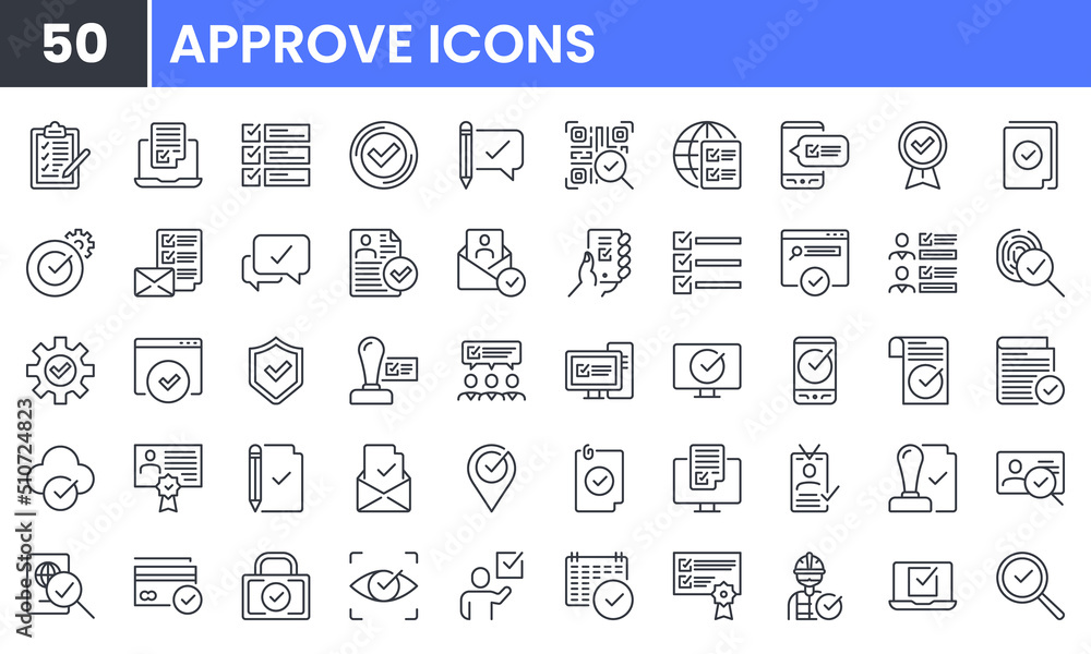 Approve and Check Mark vector line icon set. Contains linear outline icons like Quality Guarantee, Accept Document, Warranty, Certificate, Choice, Checklist, Correct, Stamp. Editable use and stroke Approve and Check Mark vector line icon set. Contains linear outline icons like Quality Guarantee, Accept Document, Warranty, Certificate, Choice, Checklist, Correct, Stamp. Editable use and stroke