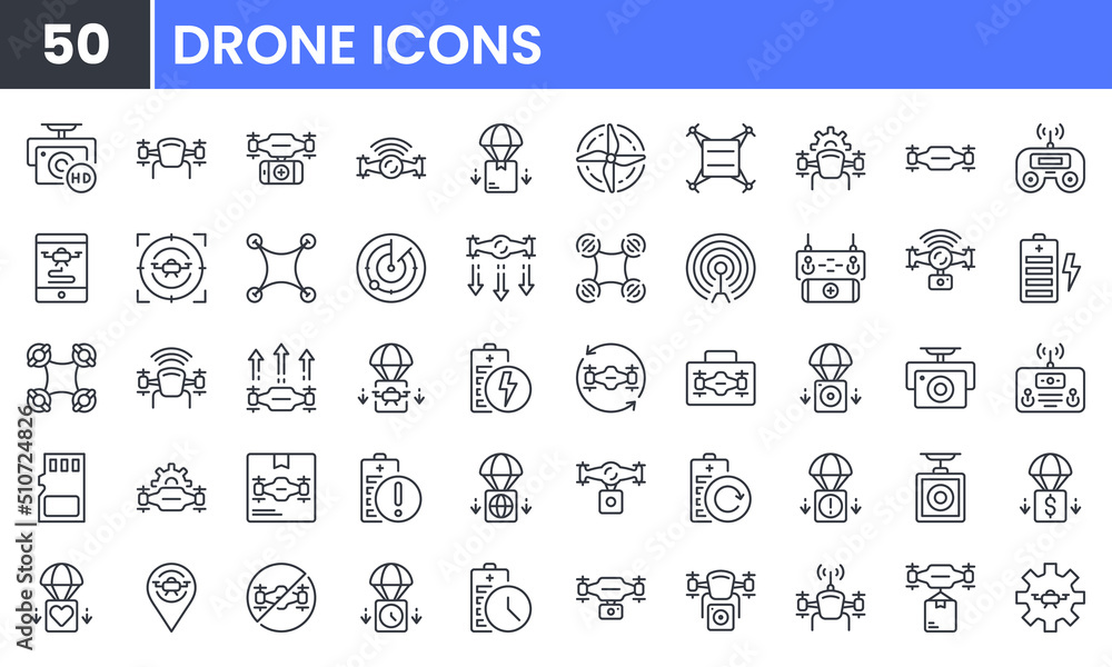 Air Drone vector line icon set. Contains linear outline icons like Quadrocopter, Propeller, Remote Control, Radar, Camera, Battery, Delivery, Copter. Editable use and stroke. Air Drone vector line icon set. Contains linear outline icons like Quadrocopter, Propeller, Remote Control, Radar, Camera, Battery, Delivery, Copter. Editable use and stroke.