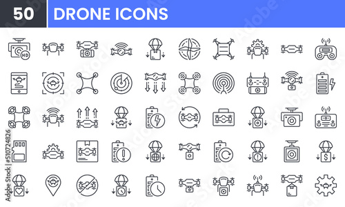 Air Drone vector line icon set. Contains linear outline icons like Quadrocopter, Propeller, Remote Control, Radar, Camera, Battery, Delivery, Copter. Editable use and stroke.