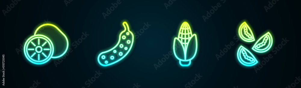 Set line Kiwi fruit, Fresh cucumber, Corn and Tomato. Glowing neon icon. Vector Set line Kiwi fruit, Fresh cucumber, Corn and Tomato. Glowing neon icon. Vector