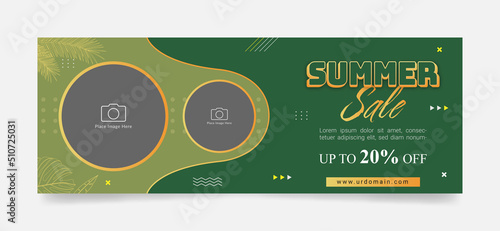 Summer sale facebook, social media, web ad banner template with photos place for promotion, campaign, offer purpose. green background 3d text design