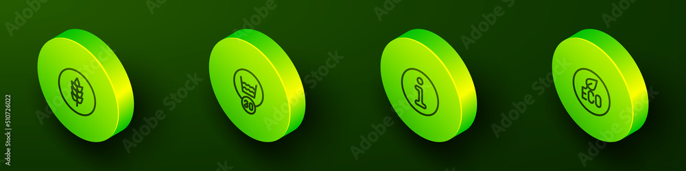 Set Isometric line Wheat, Temperature wash, Information and Leaf Eco symbol icon. Vector Set Isometric line Wheat, Temperature wash, Information and Leaf Eco symbol icon. Vector