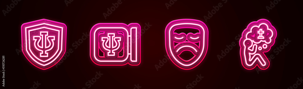 Set line Psychology, Psi, , Drama theatrical mask and Man graves funeral sorrow. Glowing neon icon. Vector Set line Psychology, Psi, , Drama theatrical mask and Man graves funeral sorrow. Glowing neon icon. Vector