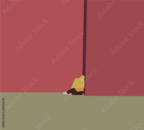 Homeless man is sleeping in the shadow on the street. Colorful vector illustration.