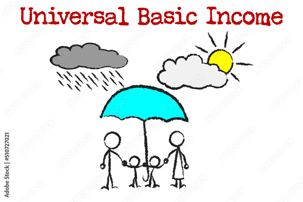 Universal Basic Income, Drawing family under the protective umbrella of universal basic income, unconditional income concept Universal Basic Income, Drawing family under the protective umbrella of universal basic income, unconditional income concept