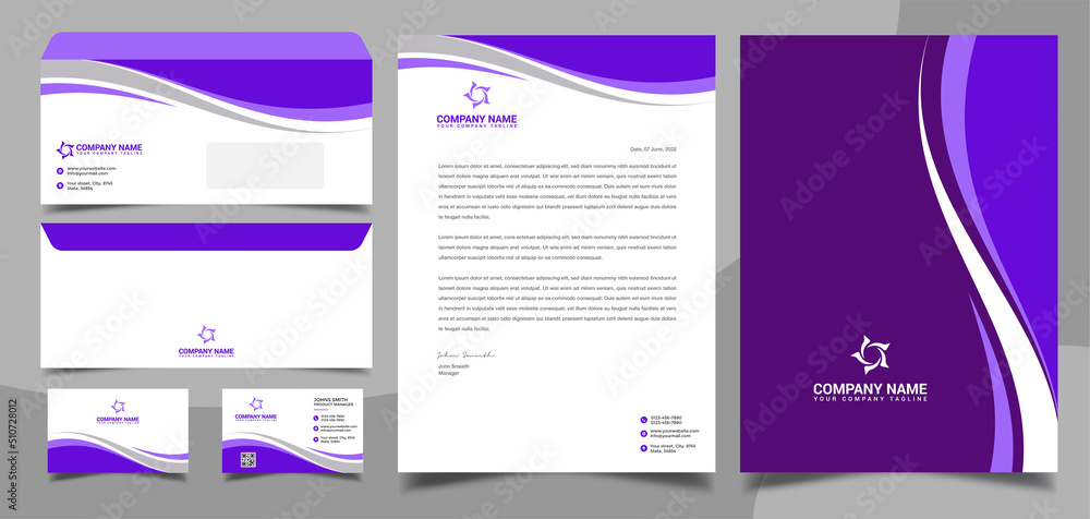 Corporate business brand identity - stationary design - letterhead - business card - envelope - cover and folder design purple color