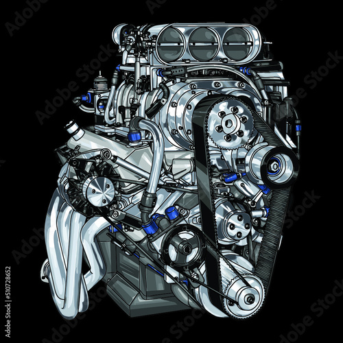 engine illustration isolated on black background for t-shirt, poster and business element.
