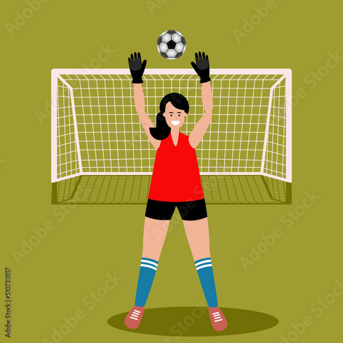 Female soccer goalkeeper at the gates catching ball