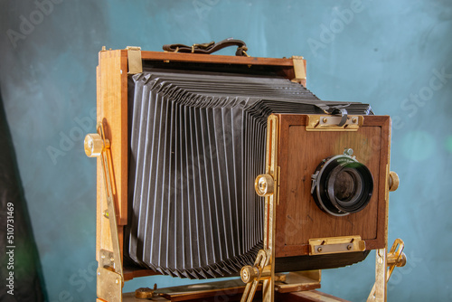 wet plate camera vintage wooden camera and focus glass, lenses and bellows