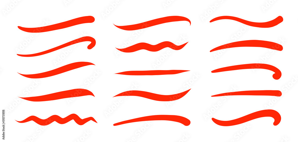 Swoosh, swash underline stroke set. Hand drawn red swirl swoosh underline  calligraphic element. Vector illustration. Stock Vector