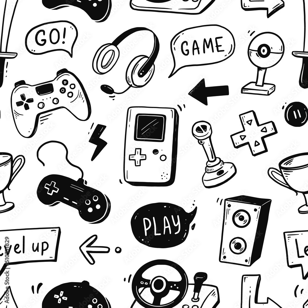 Video game hand drawn doodle seamless pattern. Video gamer console ...