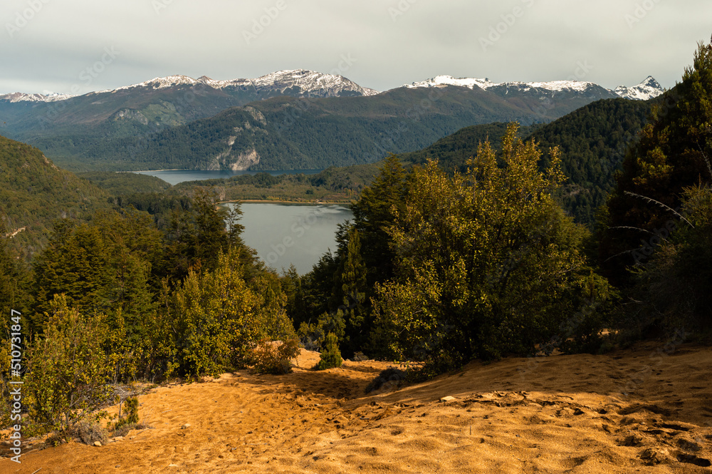 Beautiful view of two lakes of the Andes mountain range seen from the heights. Los Alerces National Park, Verde Lake and Mendendez Lake