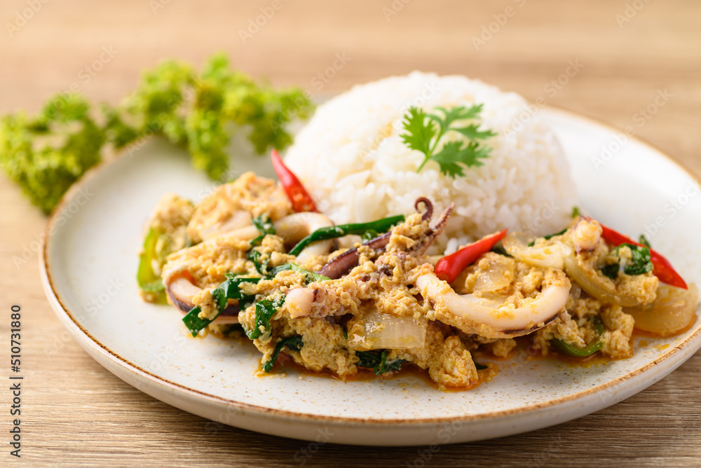 Thai stir fried curry squid and cooked rice, Thai food Thai stir fried curry squid and cooked rice, Thai food