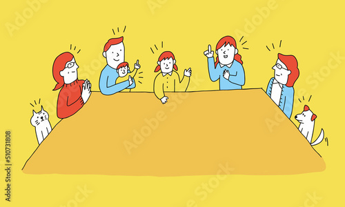 テーブルでディスカッションする家族のイラスト　家族会議