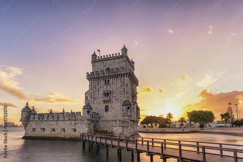 Lisbon Portugal sunset city skyline at Belem Tower and Tagus River